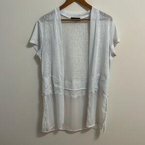 August Silk open front cover up kimono white sheer burnout knit lace layering L